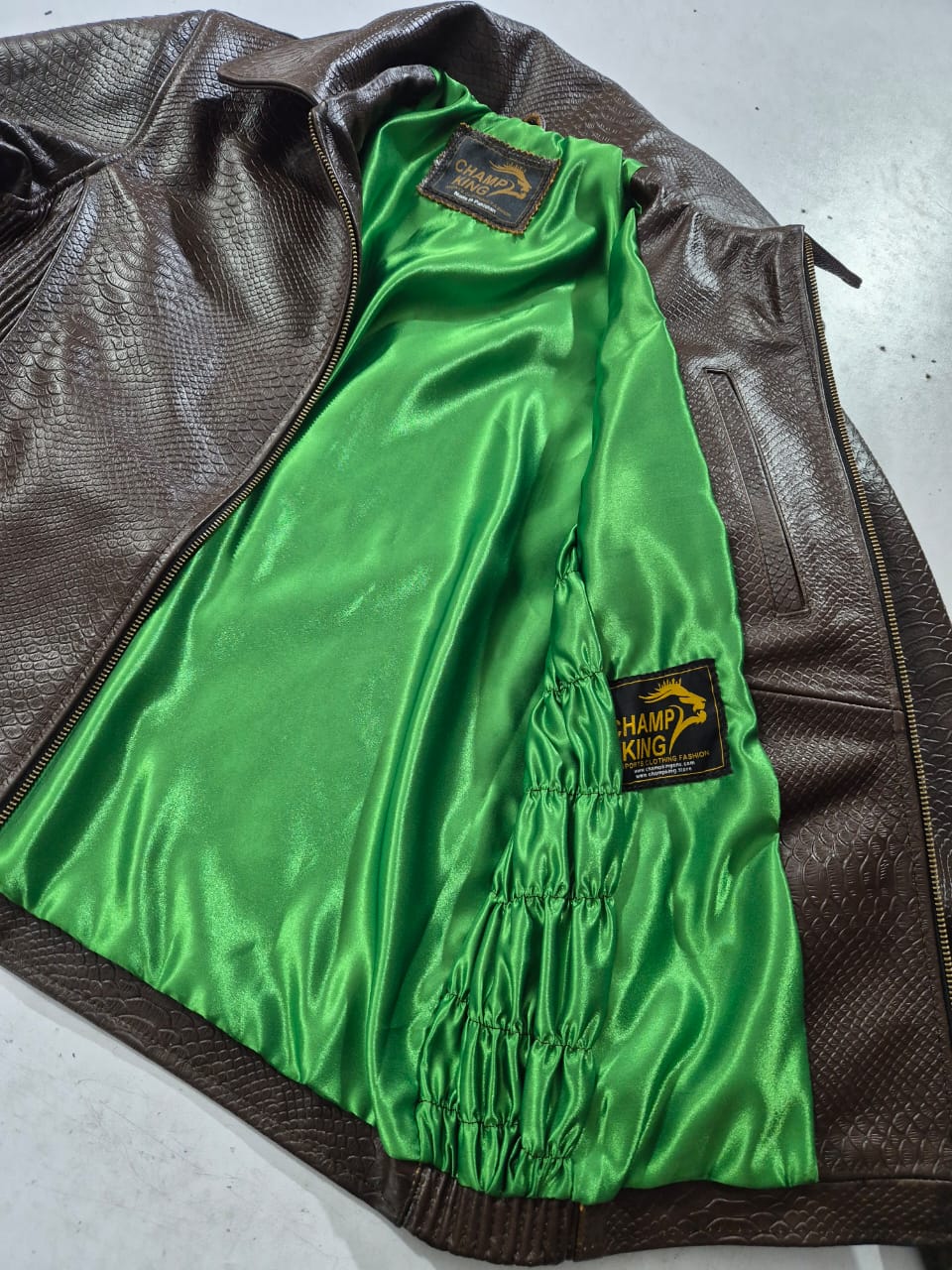  Men's Textured Brown Leather Bomber Jacket (Bright Green Satin Interior) - view 3