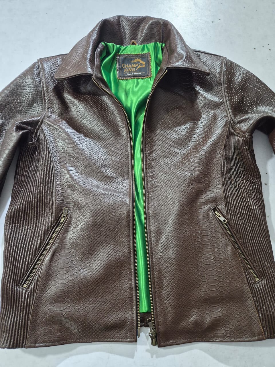 Men's Textured Brown Leather Bomber Jacket (Bright Green Satin Interior) - view 4
