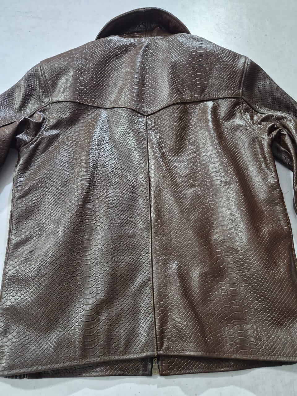  Men's Textured Brown Leather Bomber Jacket (Bright Green Satin Interior) - view 5