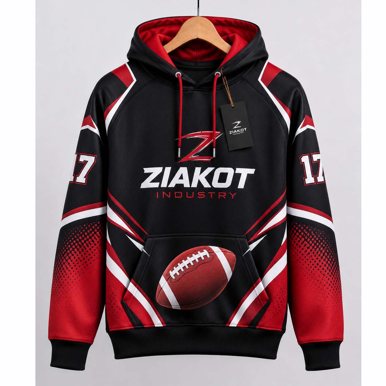 Hoodie Pakistan industry Custom Stitched Black Red-White Football Pullover Sweatshirt Hoodie Custom designs and private label manufacturing Premium fleece, cotton, polyester and blended fabrics Pullover and zip-up hoodie options