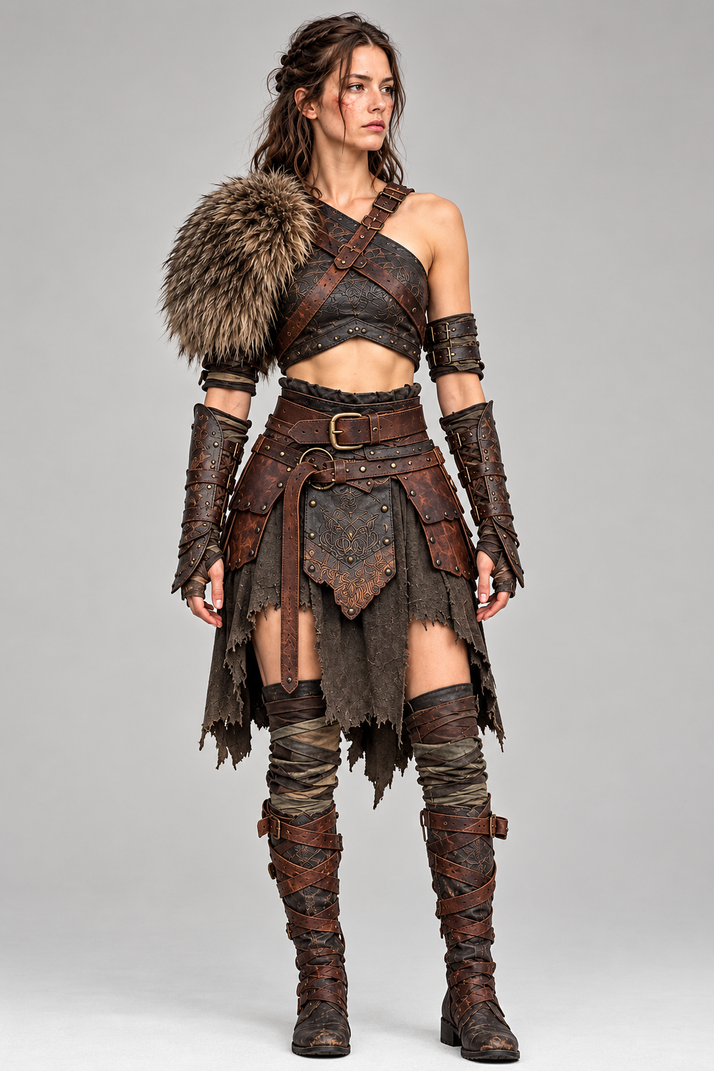 Women Huntress Leather Warrior Costume With Fur Shoulder Pad Armor Set - view 5
