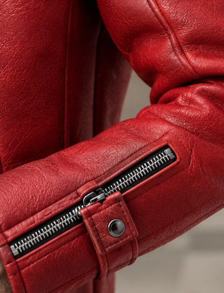 Men's Leather Jacket With Faux Fur Collar Sherpa Lining Zipper Closure