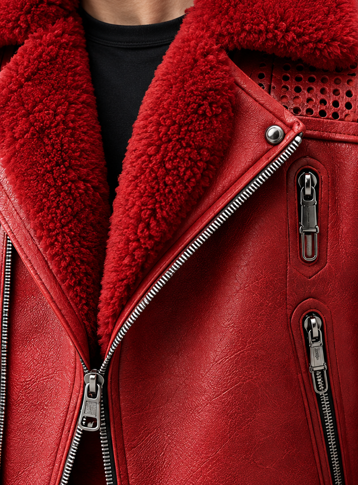 Men's Leather Jacket With Faux Fur Collar Sherpa Lining Zipper Closure - view 2