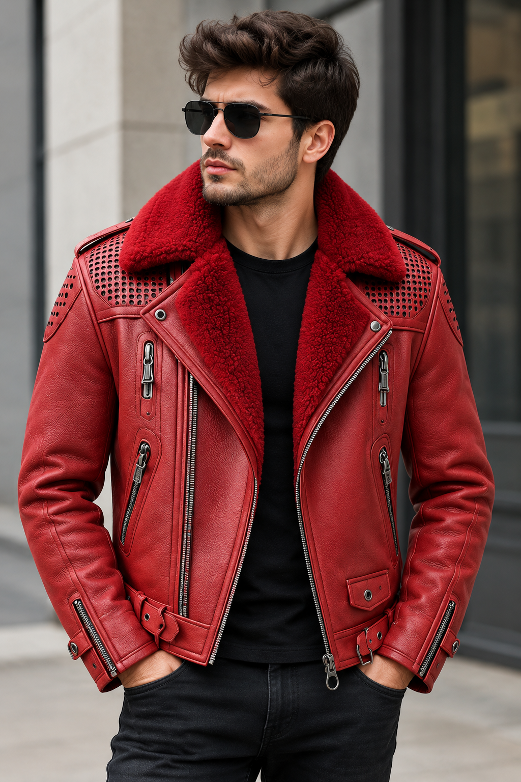 Men's Red Leather Jacket  - view 2