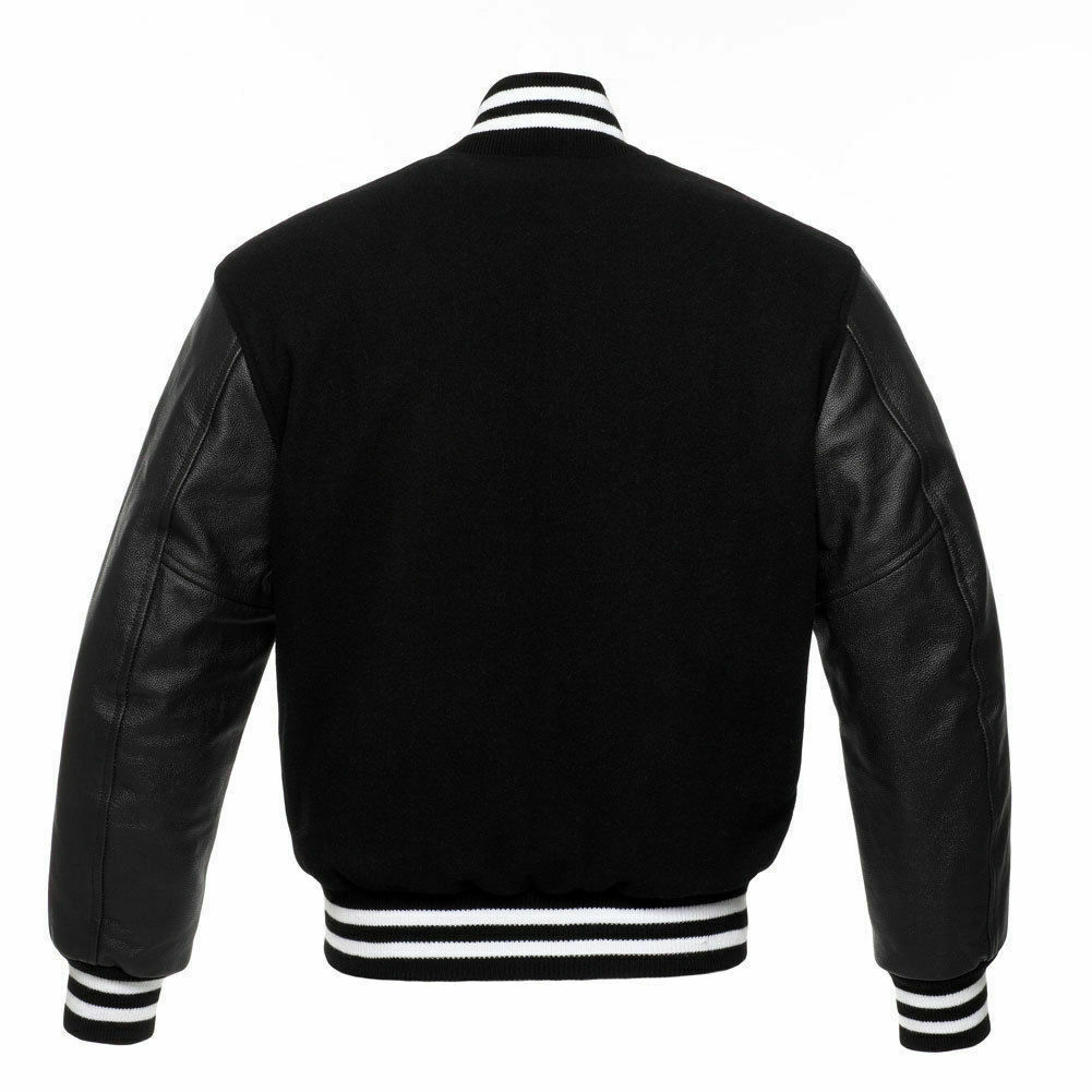 Custom black wool with leather sleeves varsity jacket - view 5