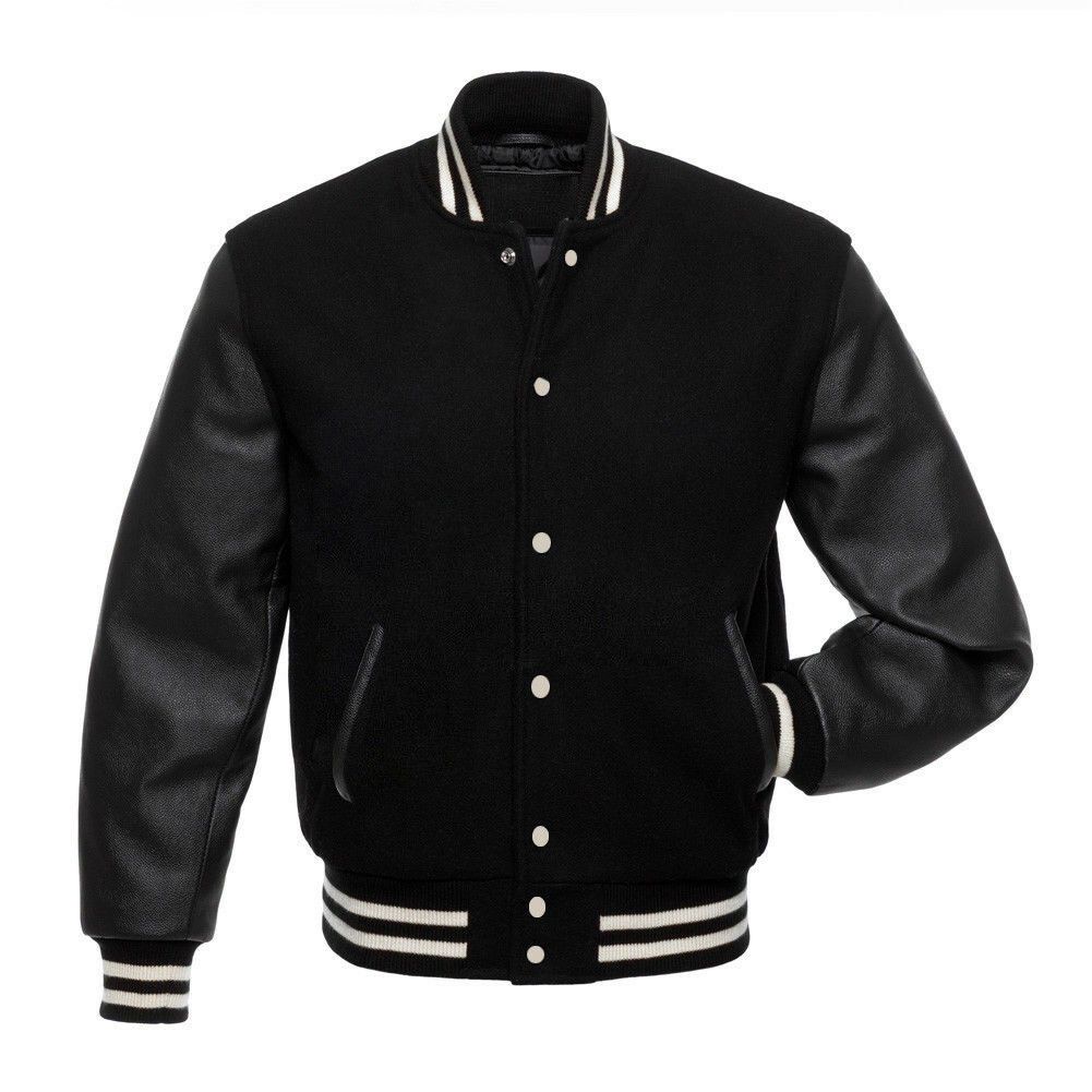 Custom black wool with leather sleeves varsity jacket