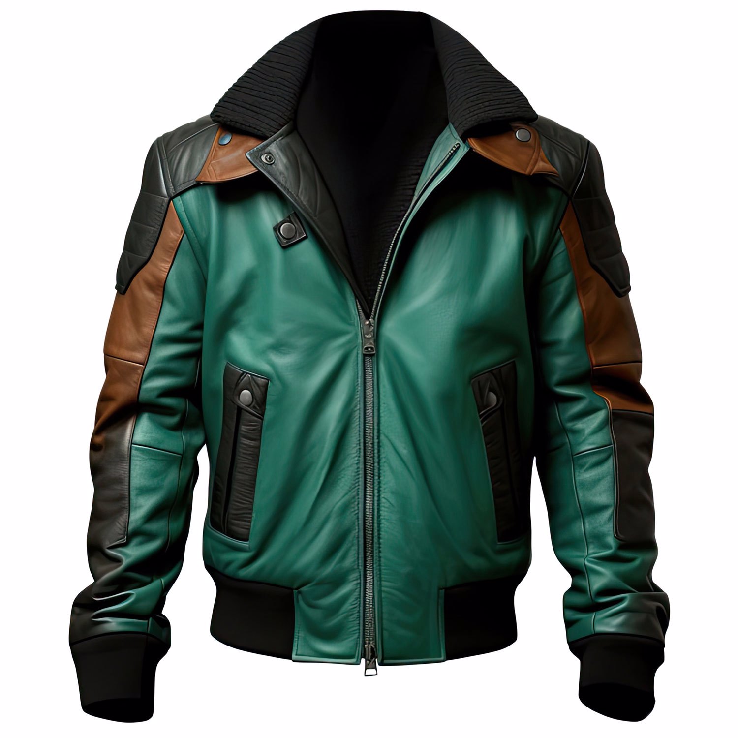 Green Black Sheepskin Racing Moto Zip-up Bomber Jacket with Shirt Collar