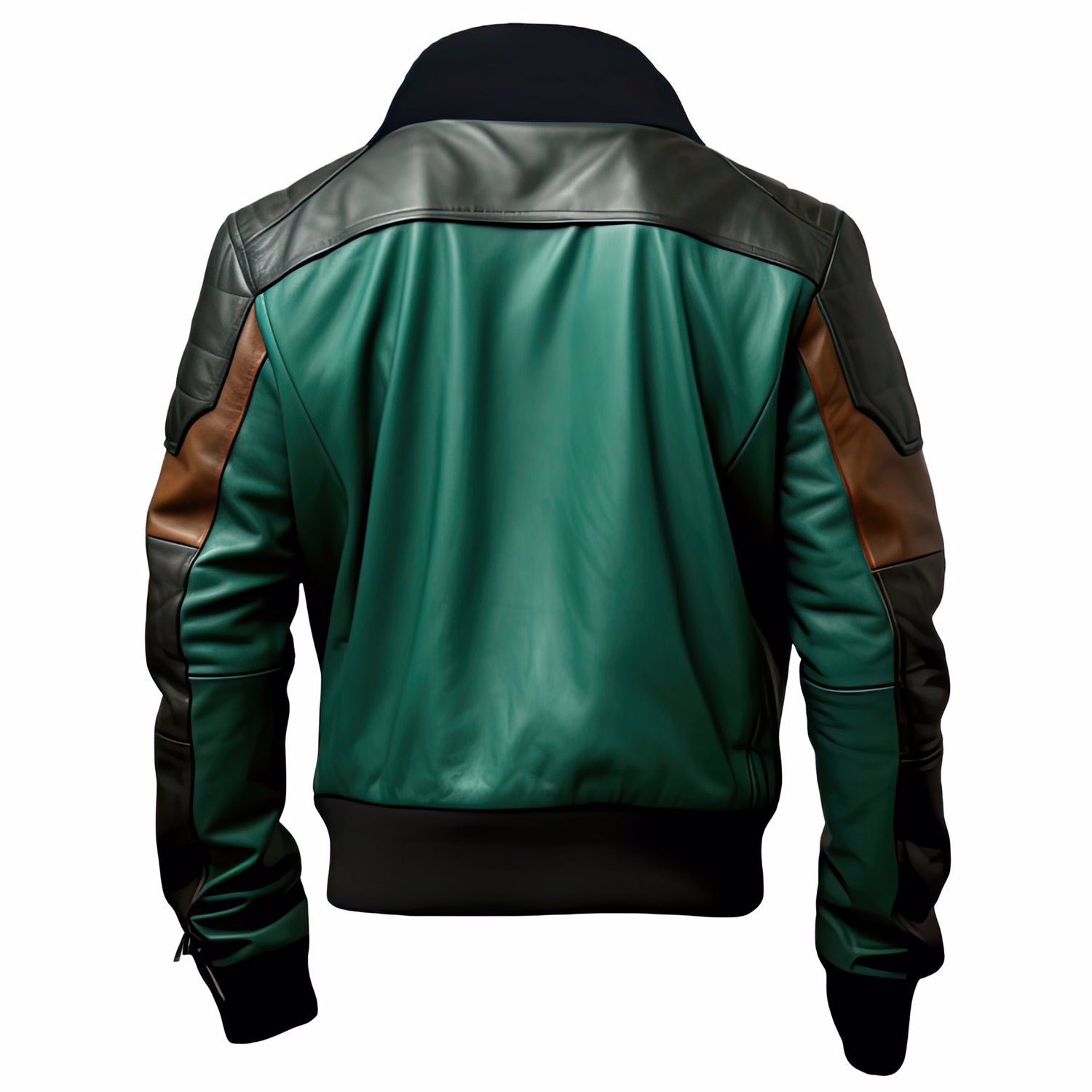 Green Black Sheepskin Racing Moto Zip-up Bomber Jacket with Shirt Collar - view 2