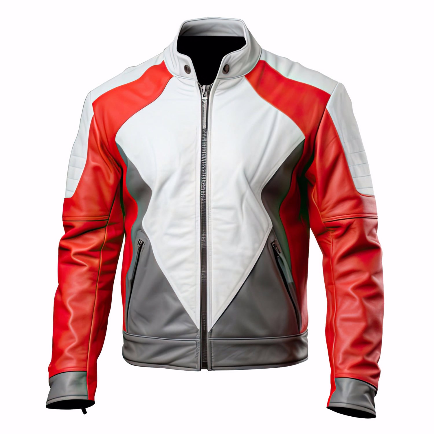 Men’s Red Grey Genuine Sheepskin Stand Collar Sleek Warm Zip-up Casual Riding Fashionable 