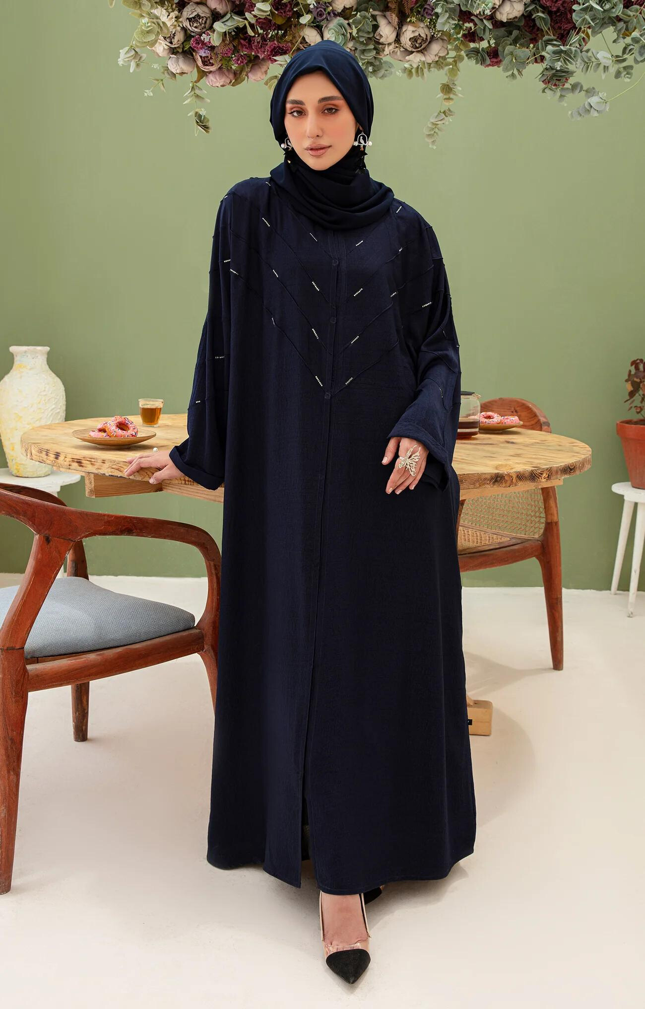 Enora Blue Front Open Fashionable Abaya Quality Piece Variety Colours And Customisations Branding
