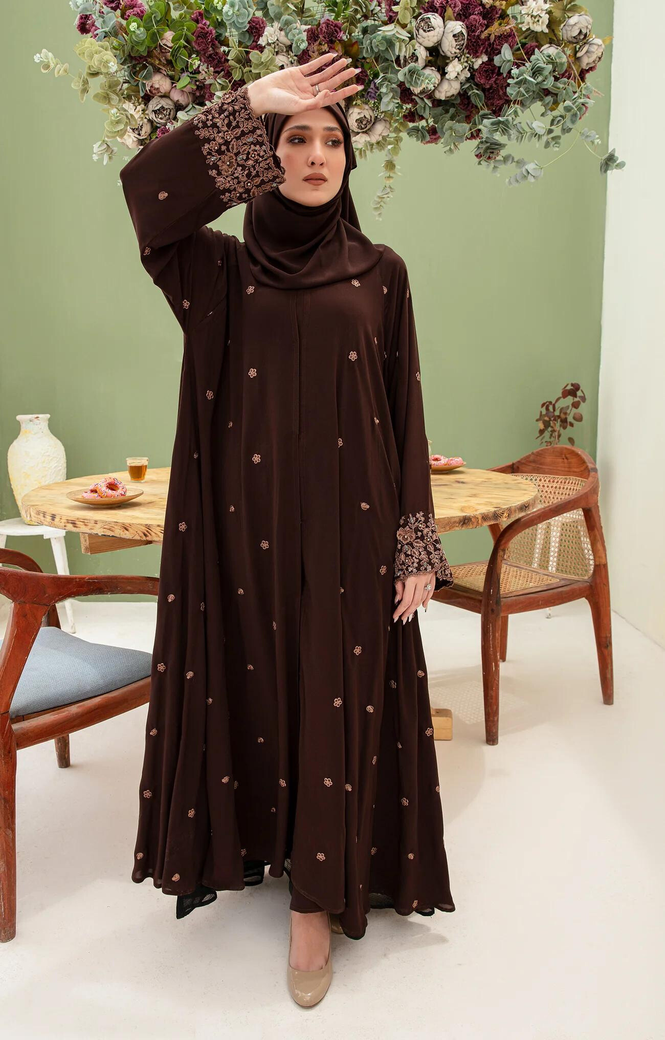 Cammelia Embriodered Front Open Abaya Quality Piece Variety Colours And Customisations Branding - view 3