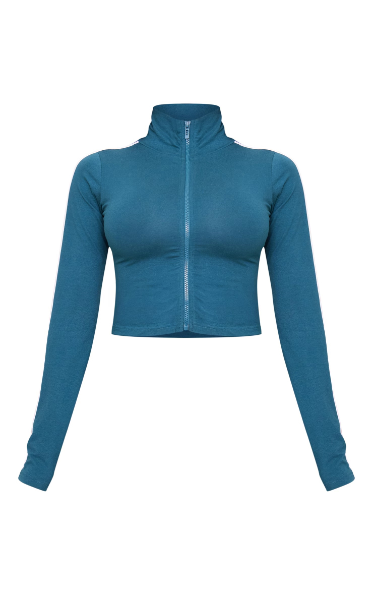 Green Jersey Zip Through Contrast Piping Long Sleeve Top