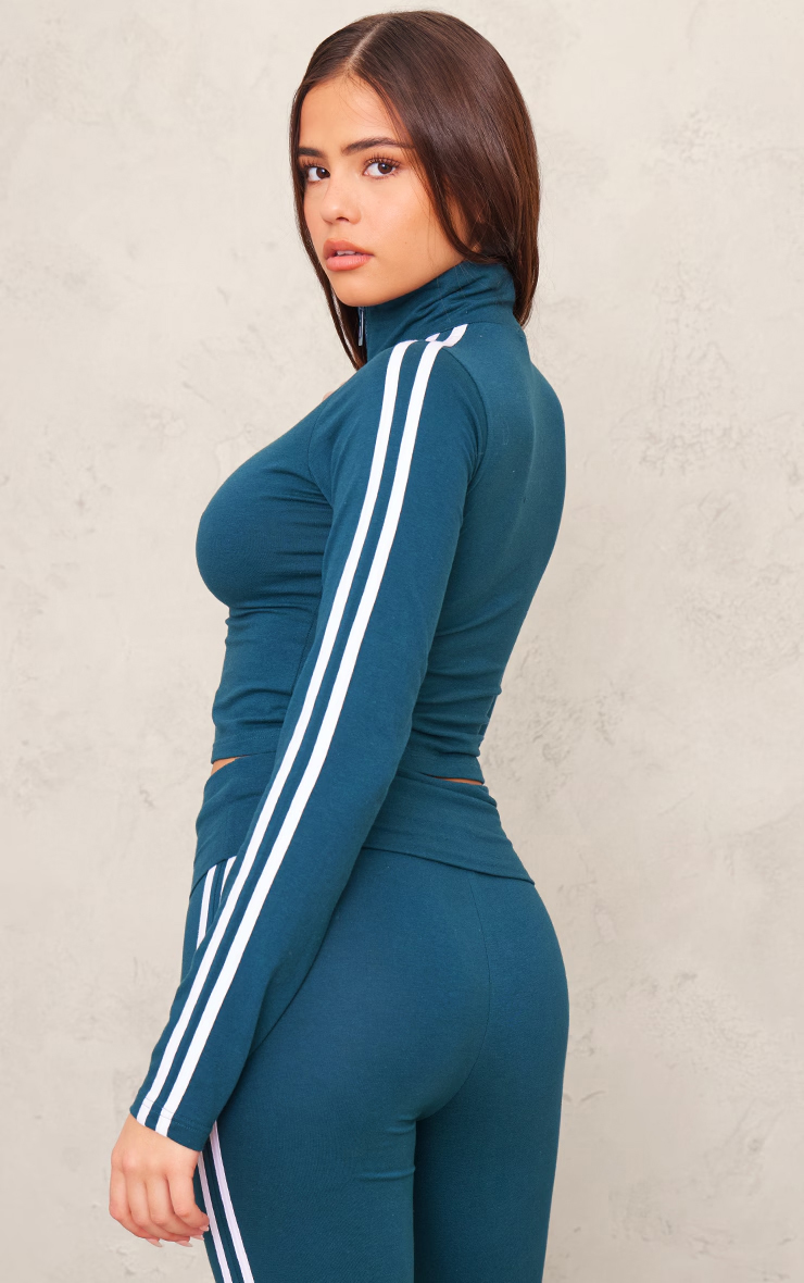 Green Jersey Zip Through Contrast Piping Long Sleeve Top - view 2