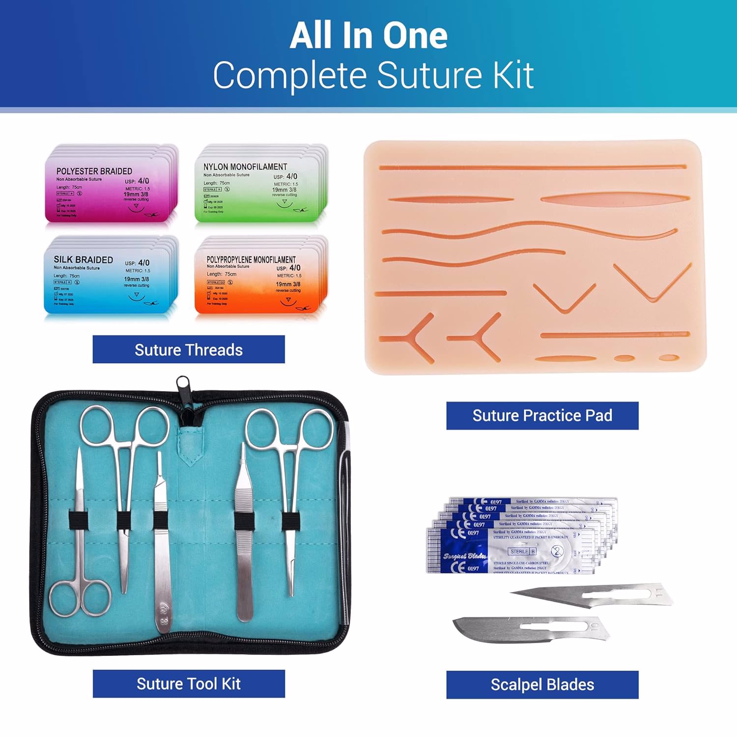 Suture Practice Complete Kit , Include Suture Pad , Suture Tools, Suture Thread & Needle