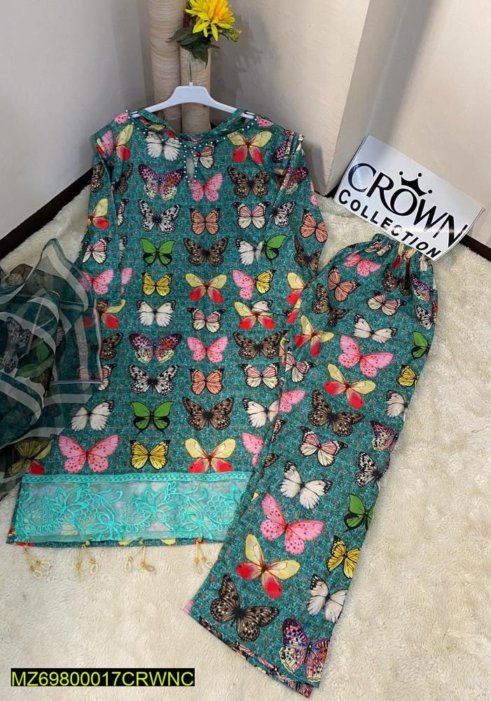 3 Pcs Women's Stitched Russian Lawn Digital Printed Suit - view 2