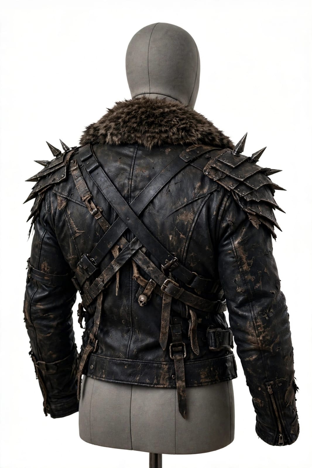 Men's Distressed Leather Jacket With  Fur Collar Spiked Shoulder - view 5