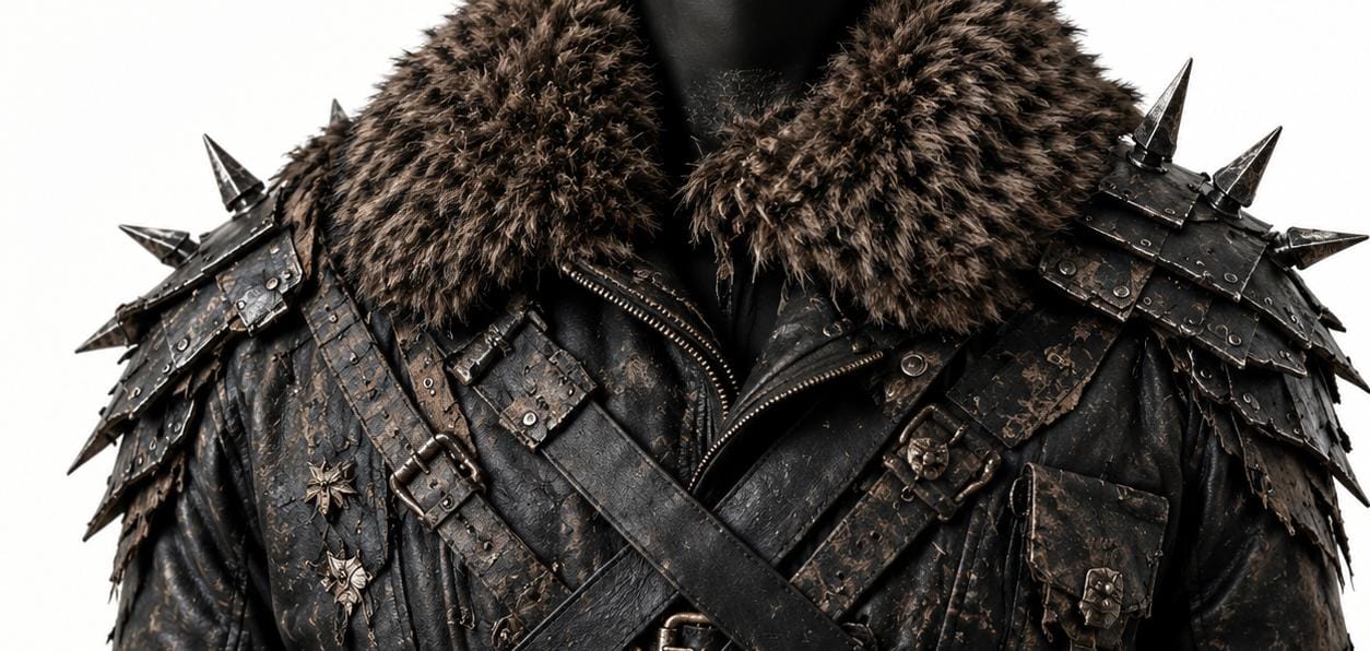 Men's Distressed Leather Jacket With  Fur Collar Spiked Shoulder