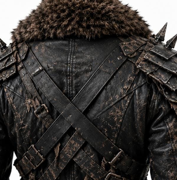 Men's Distressed Leather Jacket With  Fur Collar Spiked Shoulder - view 2