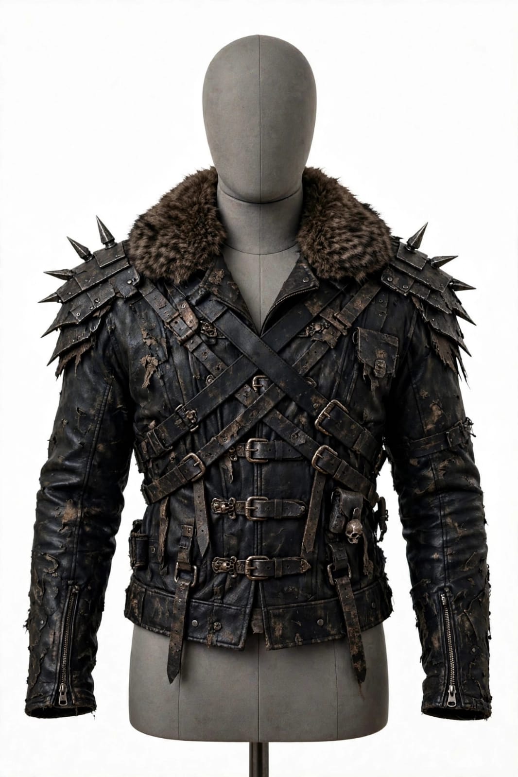 Men's Distressed Leather Jacket With  Fur Collar Spiked Shoulder - view 4