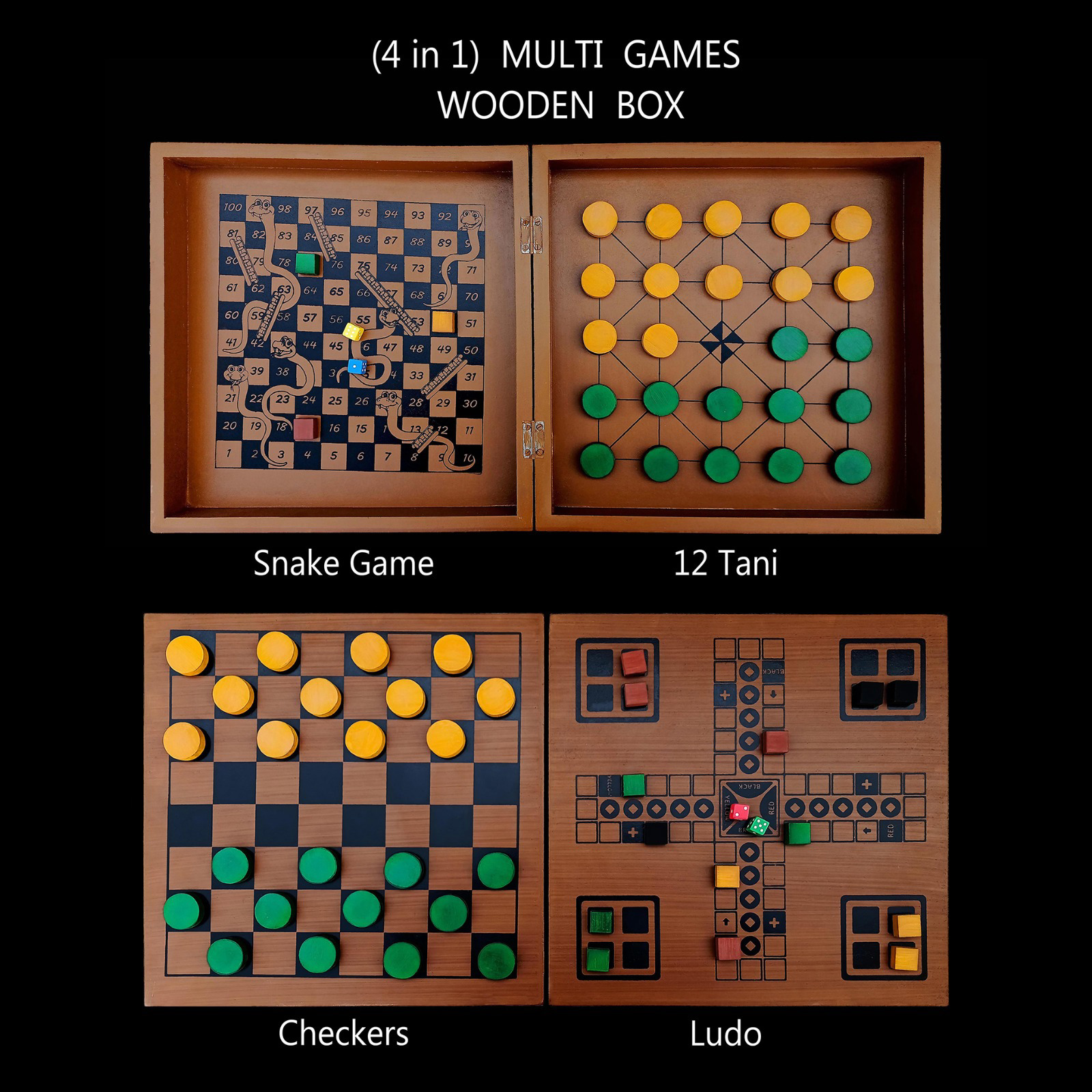  Beautifully Crafted Wooden games Box 4 in 1 With Versatile Design 
