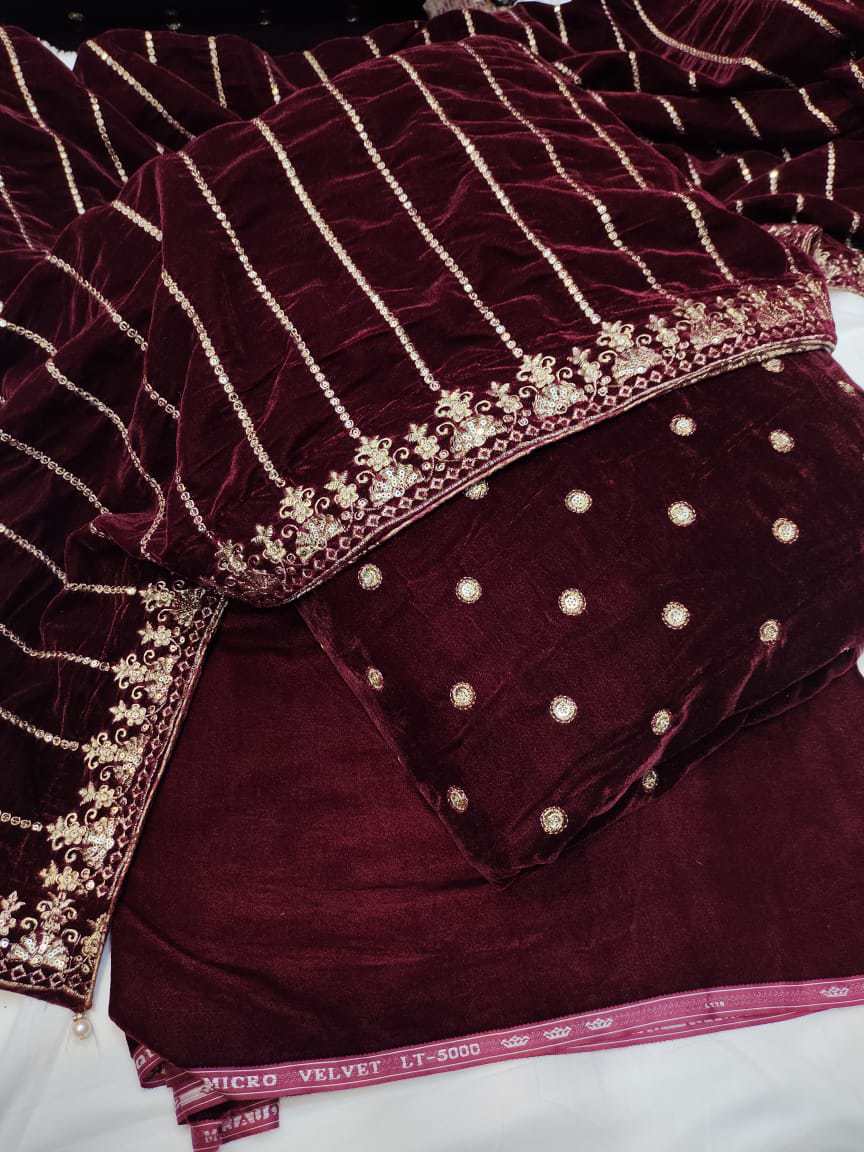 Velvet Embroidered 3-Piece Suit With Beautiful Shawl Embroidered Plain Matching Velvet Pants  - view 2
