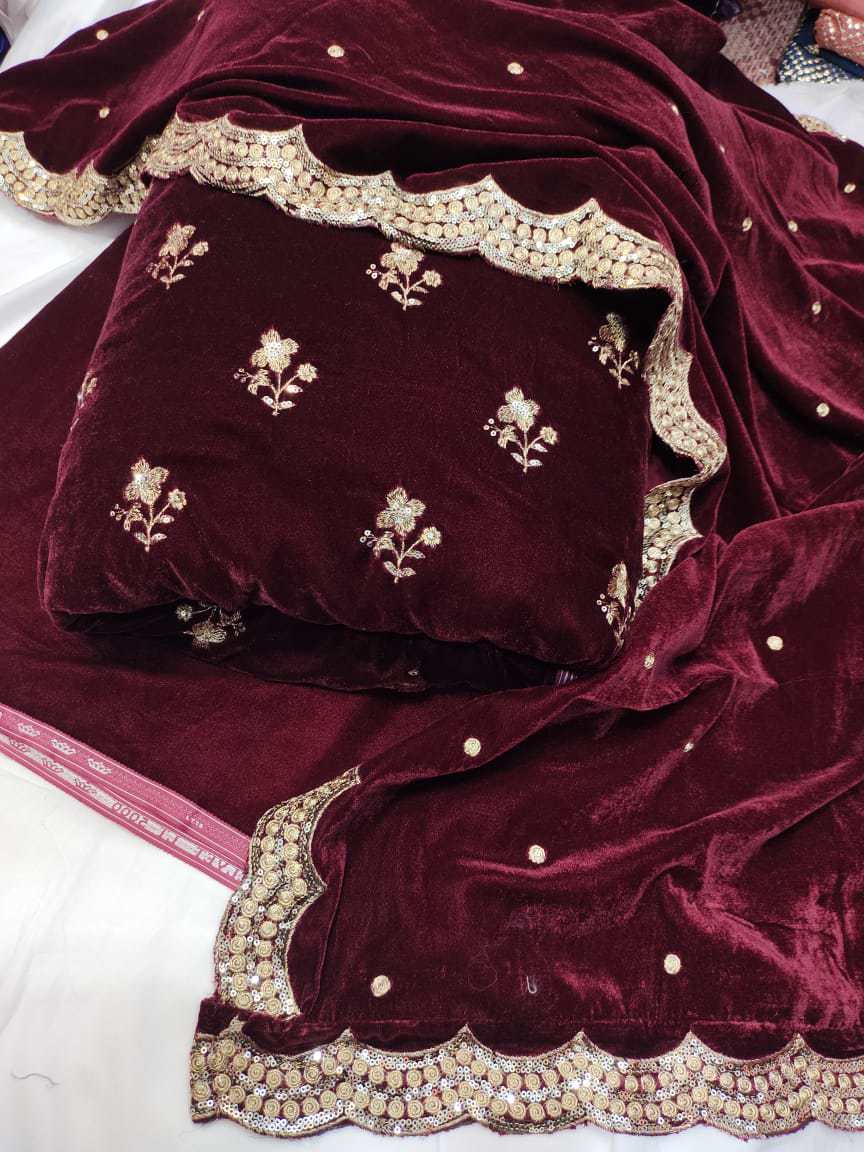 Velvet Embroidered 3-Piece Suit With Beautiful Shawl Embroidered Plain Matching Velvet Pants  - view 3