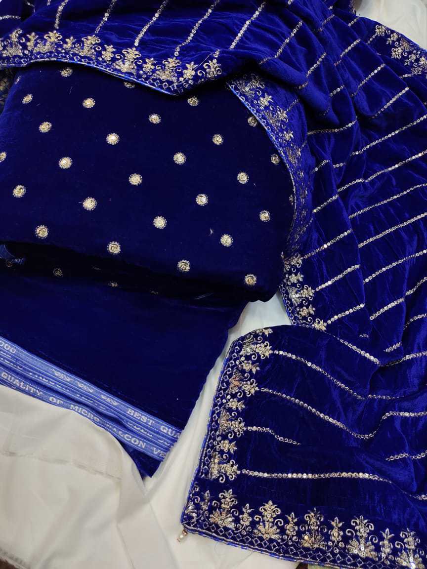 Velvet Embroidered 3-Piece Suit With Beautiful Shawl Embroidered Plain Matching Velvet Pants  - view 4