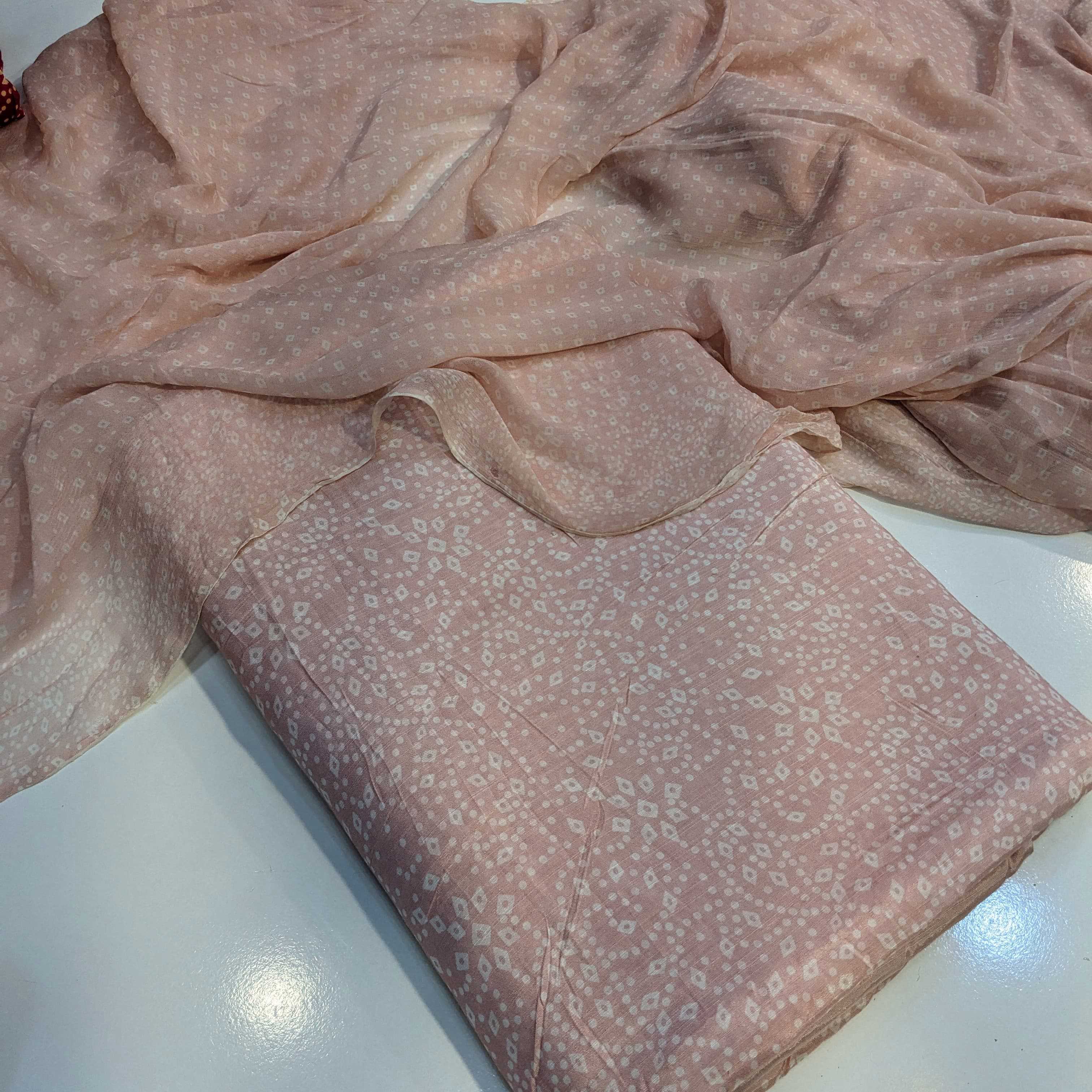  High Quality Printed Cotton Row Silk Fabric Shirt And Chiffon Dupatta Available in Different Colour
