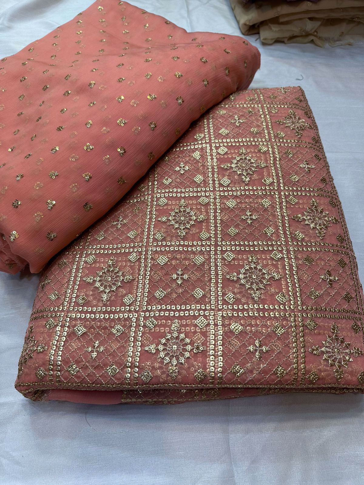 Chiffon Sitara work 3 Piece Heavy Jaal Front Back Sleeves Booti More Colors Available  - view 4