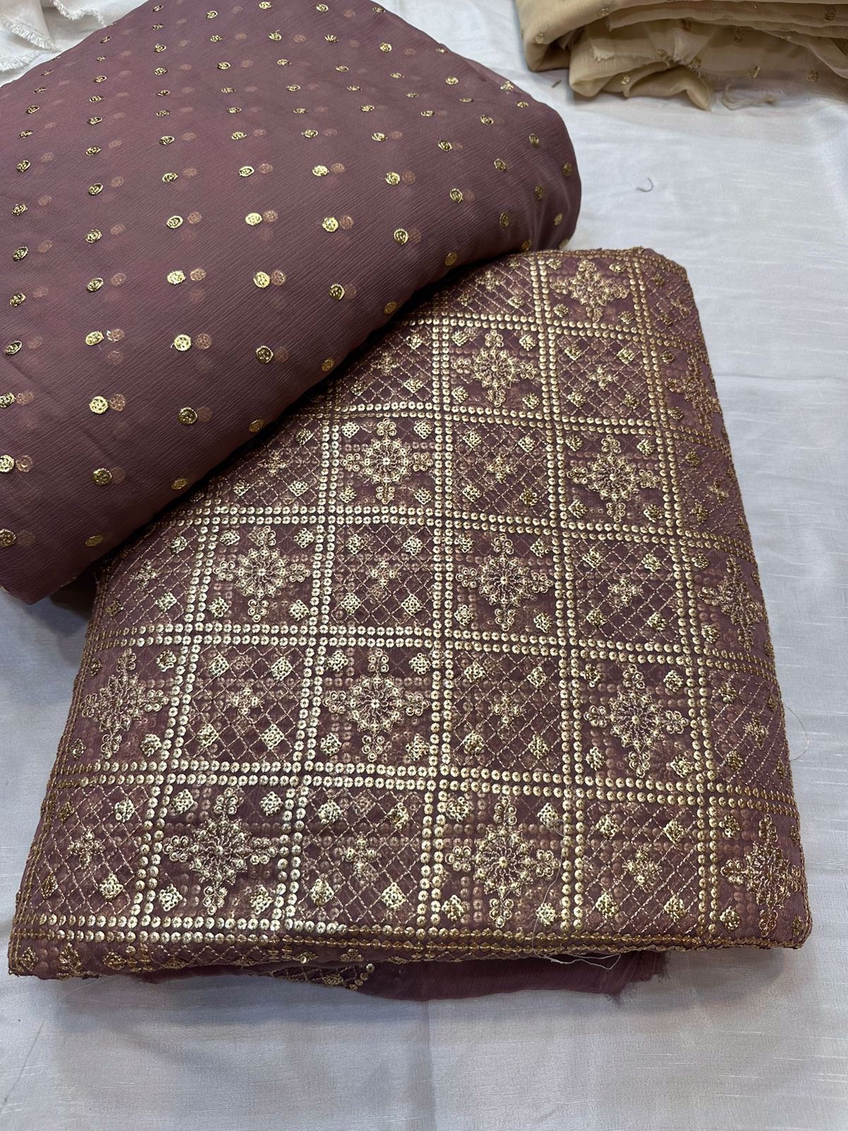 Chiffon Sitara work 3 Piece Heavy Jaal Front Back Sleeves Booti More Colors Available  - view 5