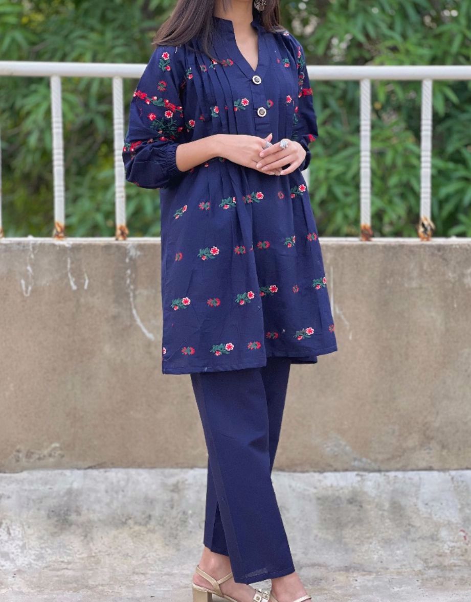 V-Neck Embroidered Button Shirt with Trousers (2Piece) Available At Affordable Prices  - view 3