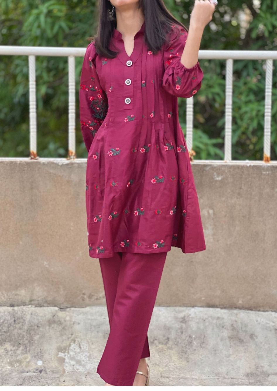 V-Neck Embroidered Button Shirt with Trousers (2Piece) Available At Affordable Prices  - view 4