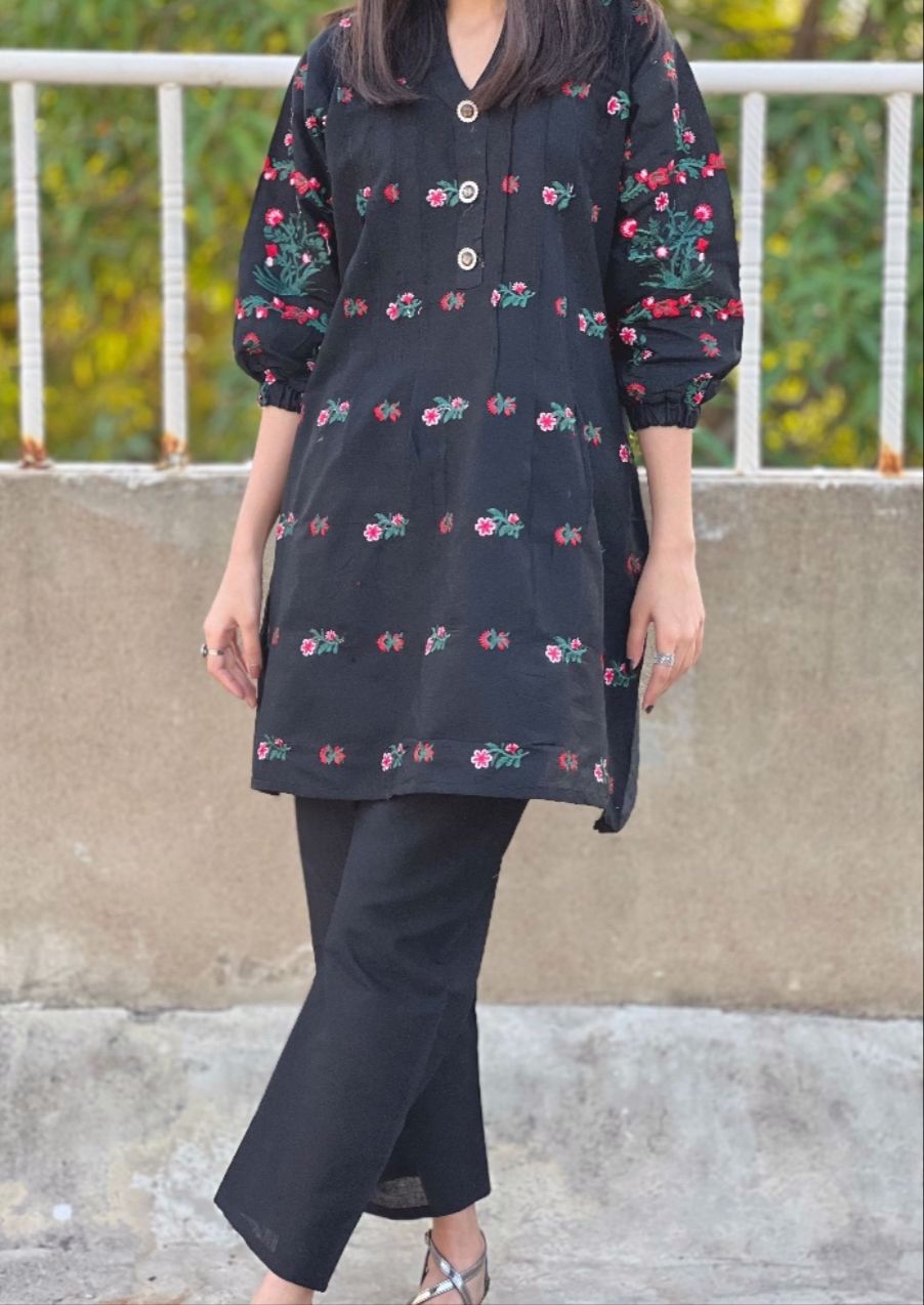 V-Neck Embroidered Button Shirt with Trousers (2Piece) Available At Affordable Prices  - view 5