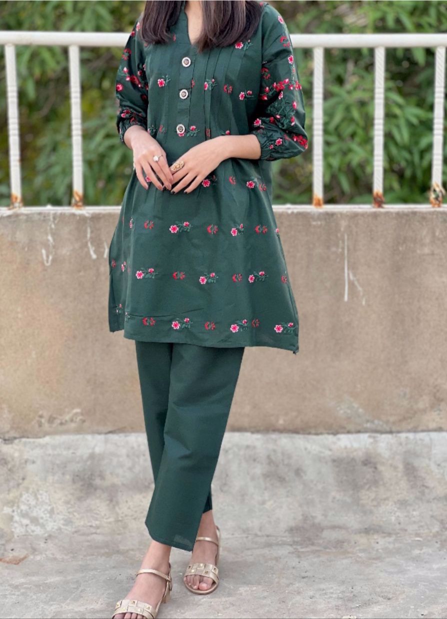 V-Neck Embroidered Button Shirt with Trousers (2Piece) Available At Affordable Prices  - view 6