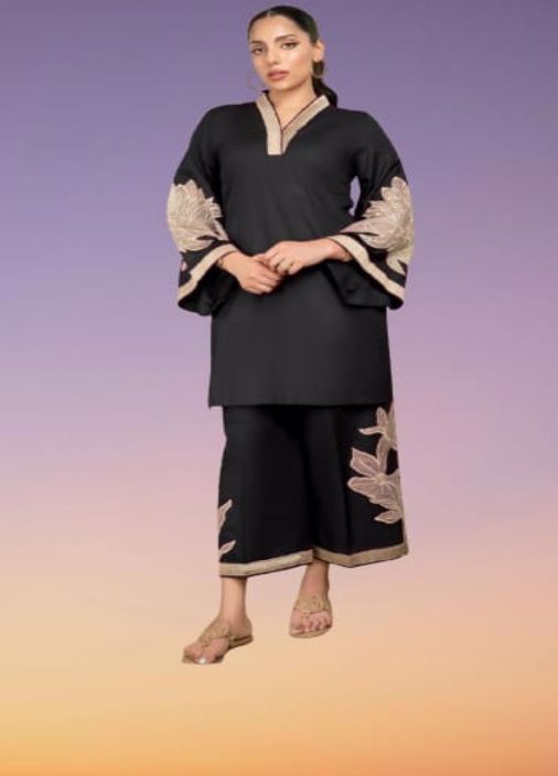 V Neck Cotton/Silk Embroidered Short Shirt And Palazzo Pants - view 3