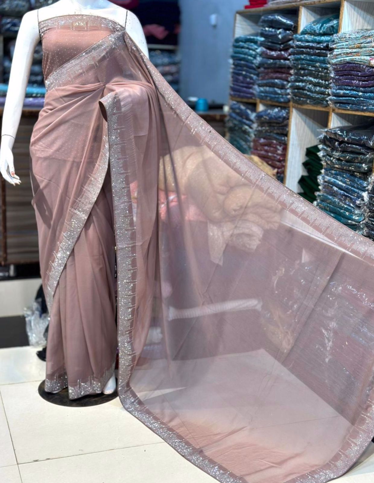 High Quality Chiffon Original Korean Stones Work Saree Available in Multiple Colours 