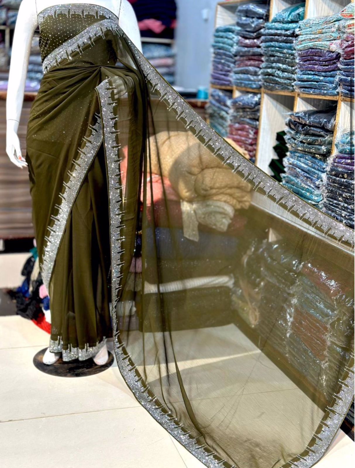 High Quality Chiffon Original Korean Stones Work Saree Available in Multiple Colours  - view 2