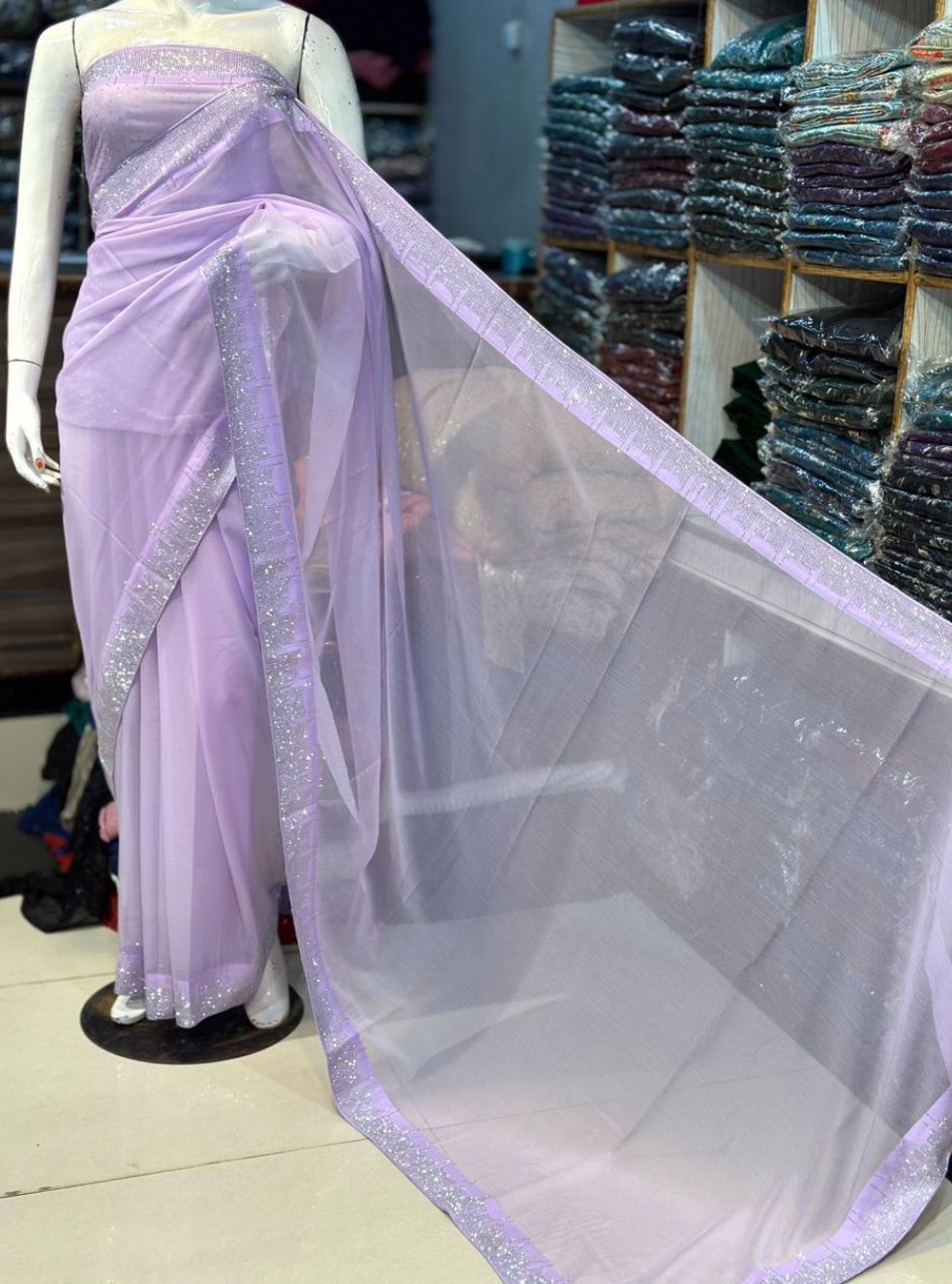 High Quality Chiffon Original Korean Stones Work Saree Available in Multiple Colours  - view 3