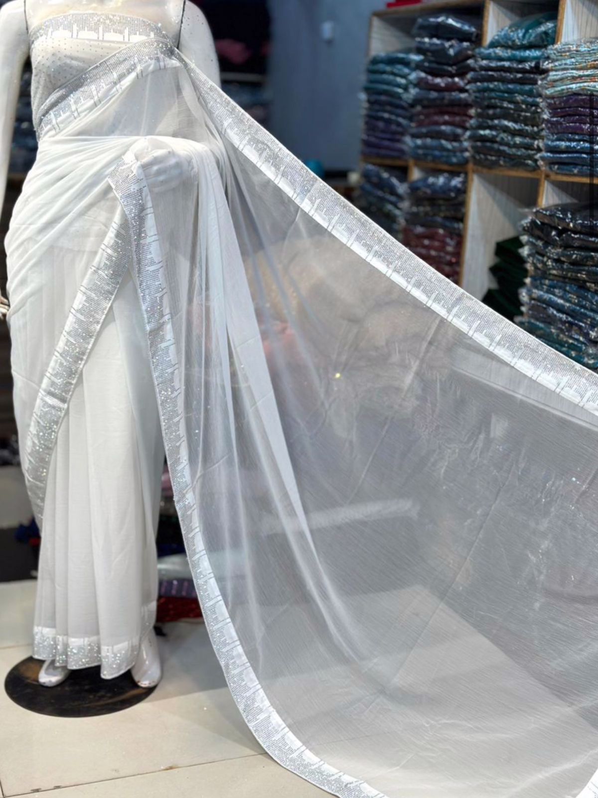 High Quality Chiffon Original Korean Stones Work Saree Available in Multiple Colours  - view 4