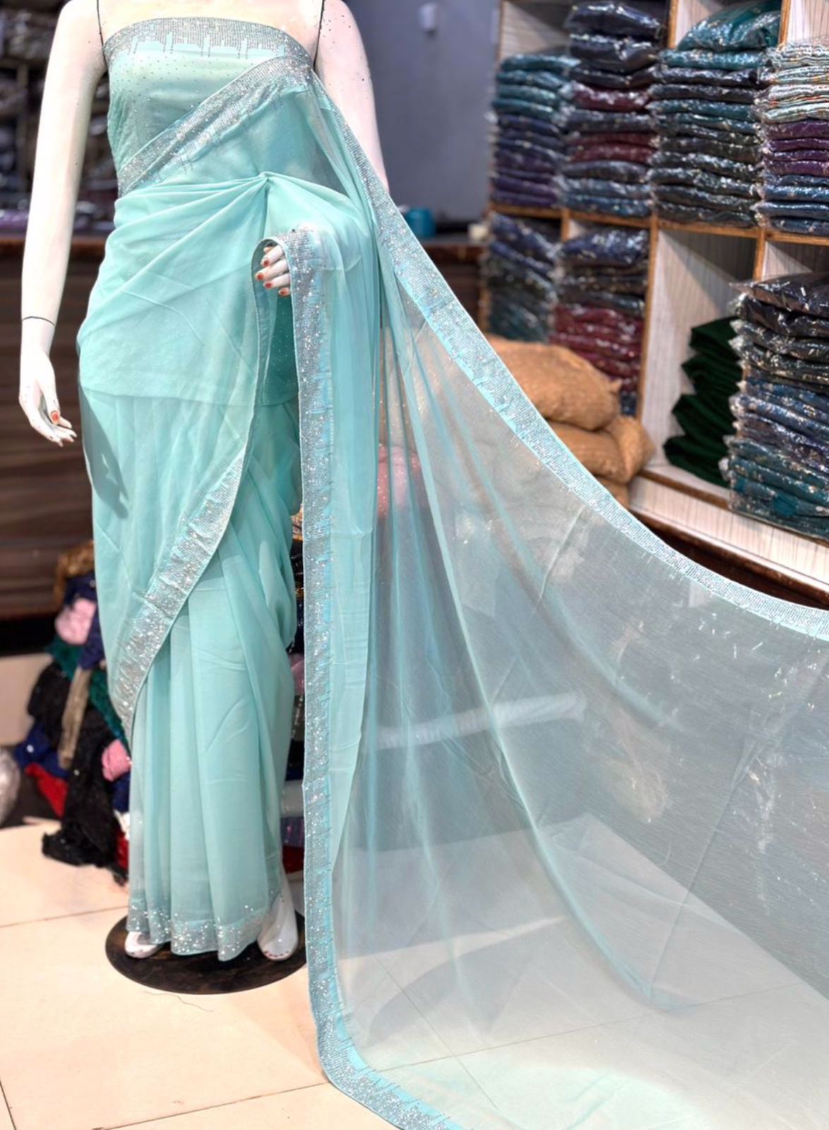 High Quality Chiffon Original Korean Stones Work Saree Available in Multiple Colours  - view 6