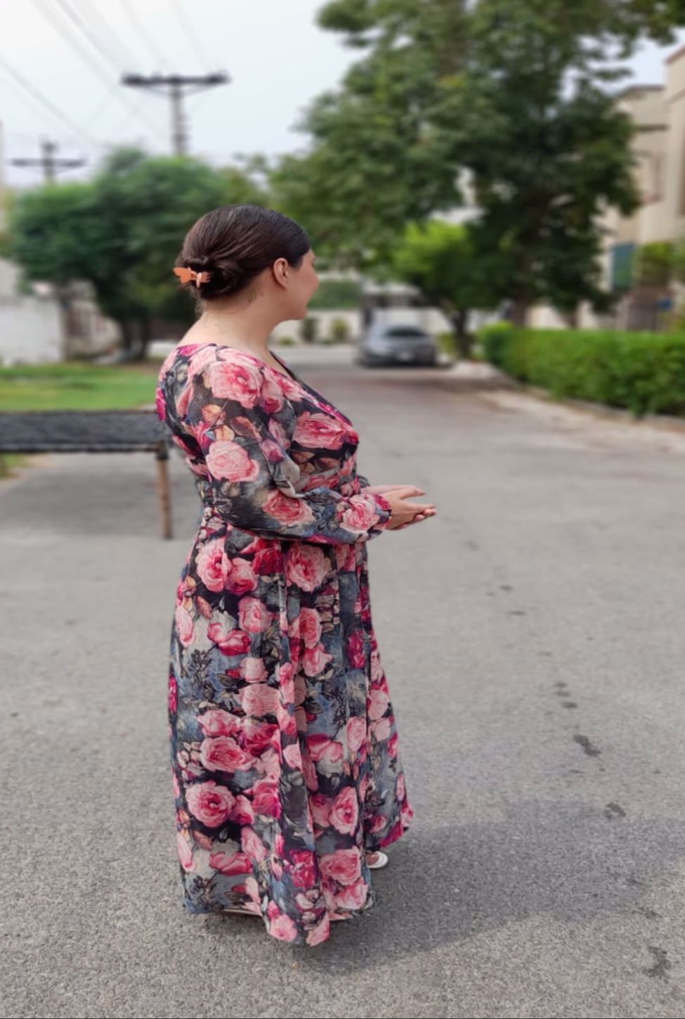  High Quality  Stuff Georgette/ Soft Chiffon Western Style Floral Long Dress 