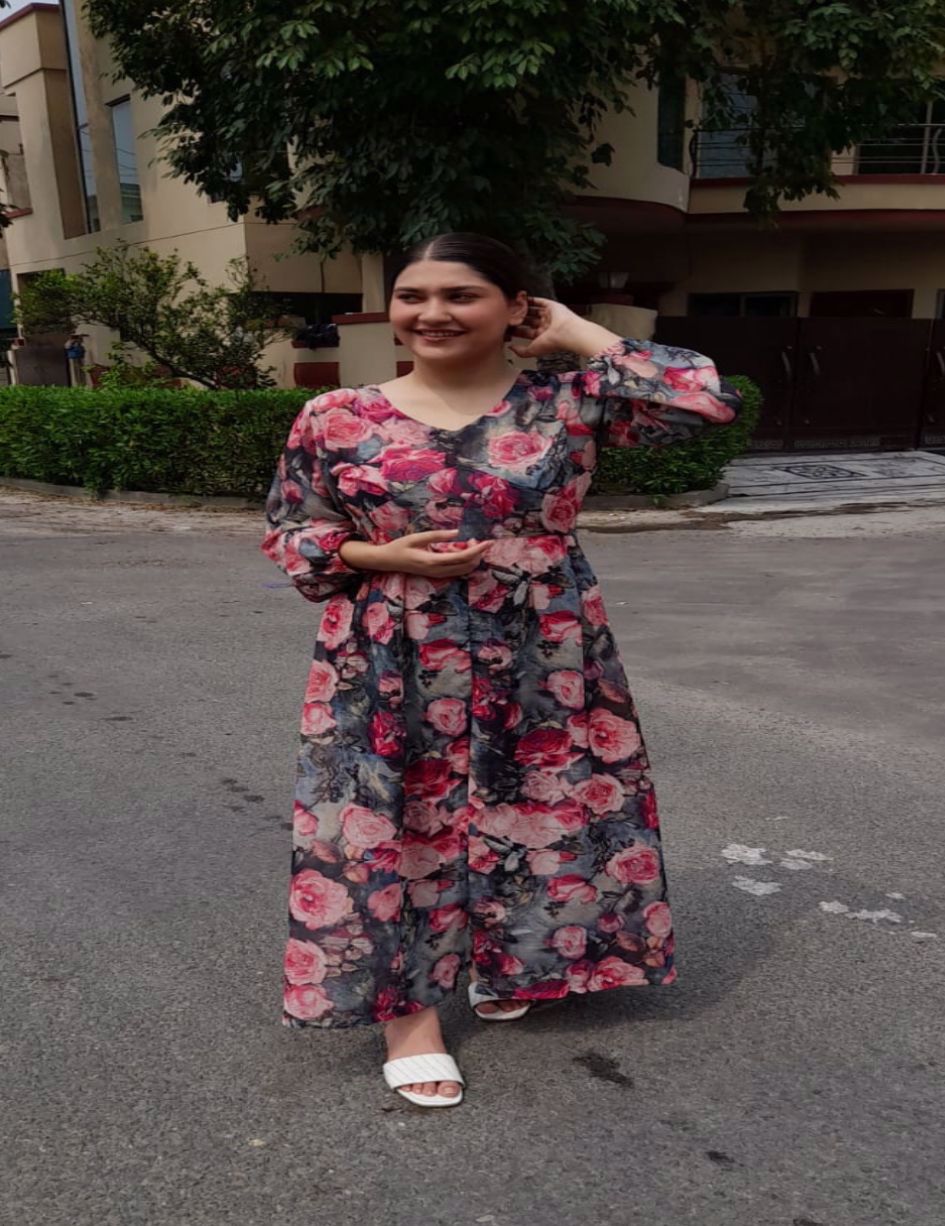 High Quality  Stuff Georgette/ Soft Chiffon Western Style Floral Long Dress  - view 2