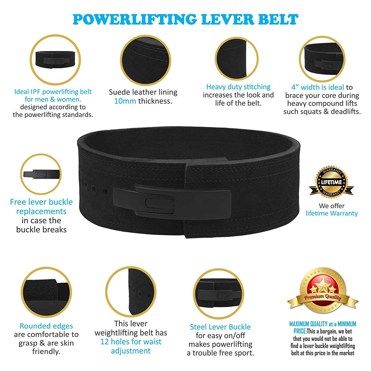 Lever Belt Black Genuine Leather Power lifting Men & Women Power Lifting 10mm Weightlifting Belt! - view 6