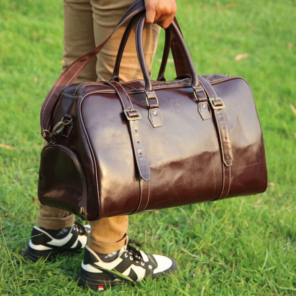 Leather Duffle Bag with shoes compartment, Premium leather duffle bag, leather travel bag - view 4