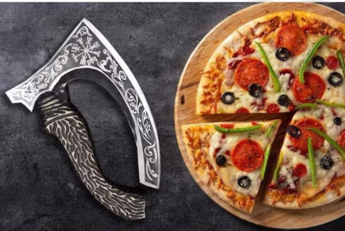 Viking-Style Pizza Cutter Axe With Leather Sheath Hand-Forged Carbon Steel - view 2