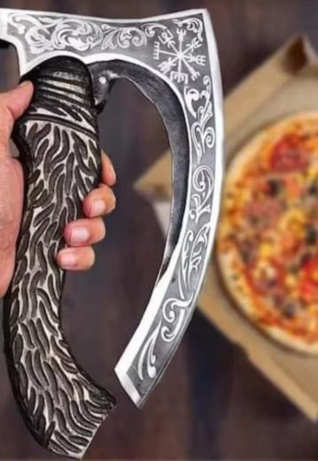 Viking-Style Pizza Cutter Axe With Leather Sheath Hand-Forged Carbon Steel - view 3