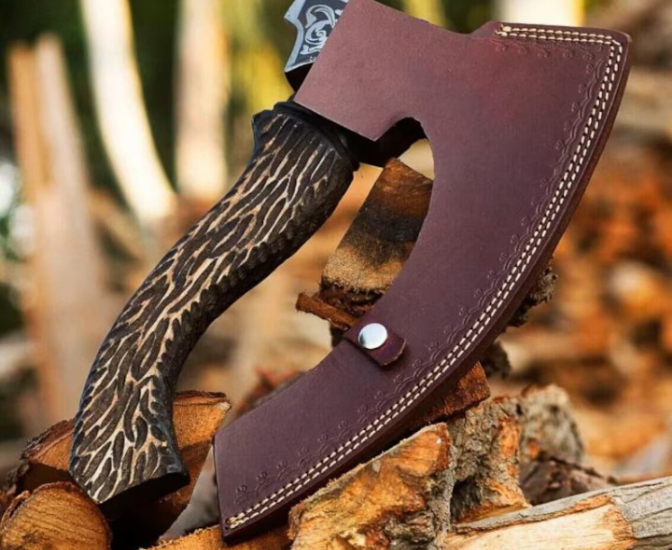Viking-Style Pizza Cutter Axe With Leather Sheath Hand-Forged Carbon Steel - view 5