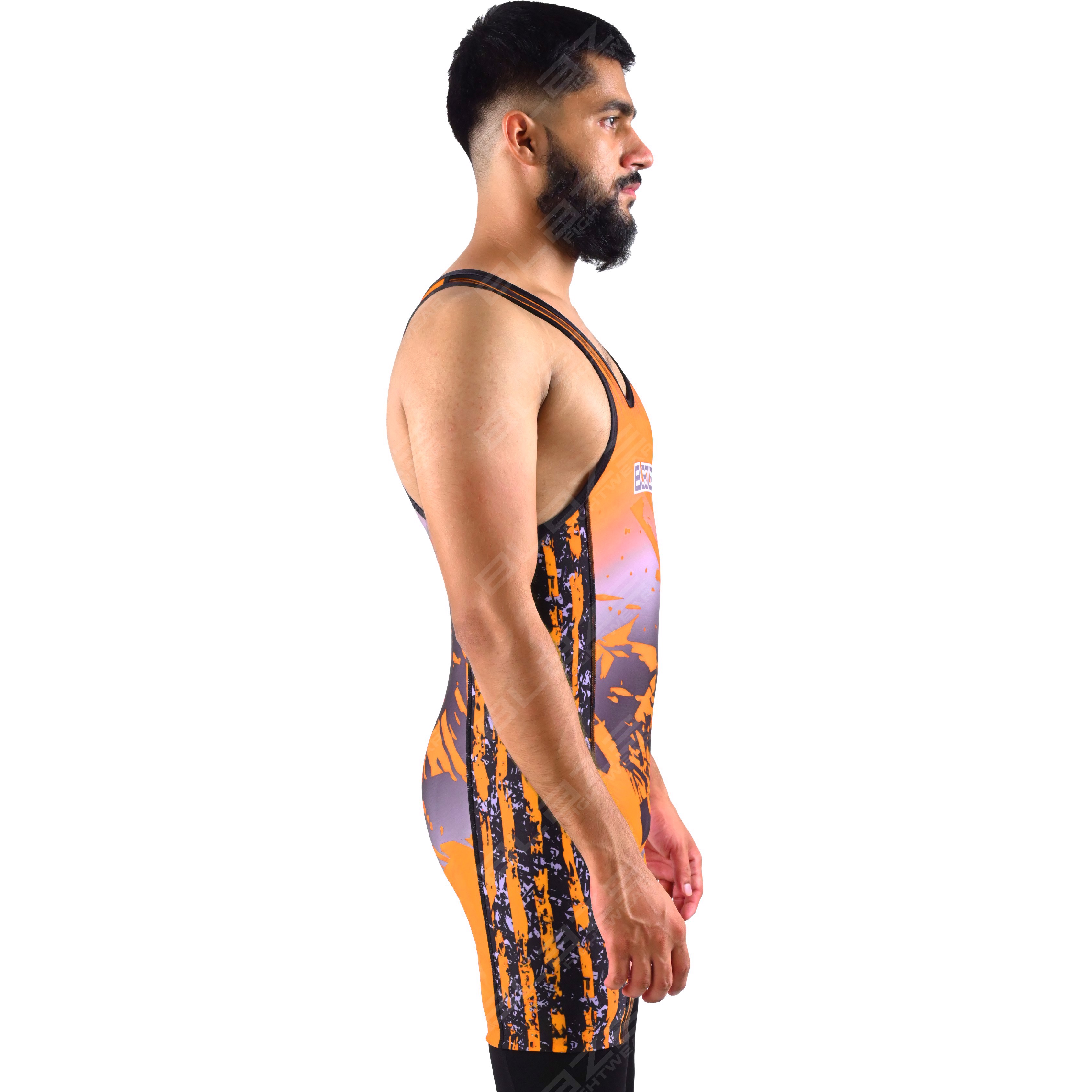  OEM men's high-elastic powerlifting singlet, one-piece attire with a finely knitted fabric design.
