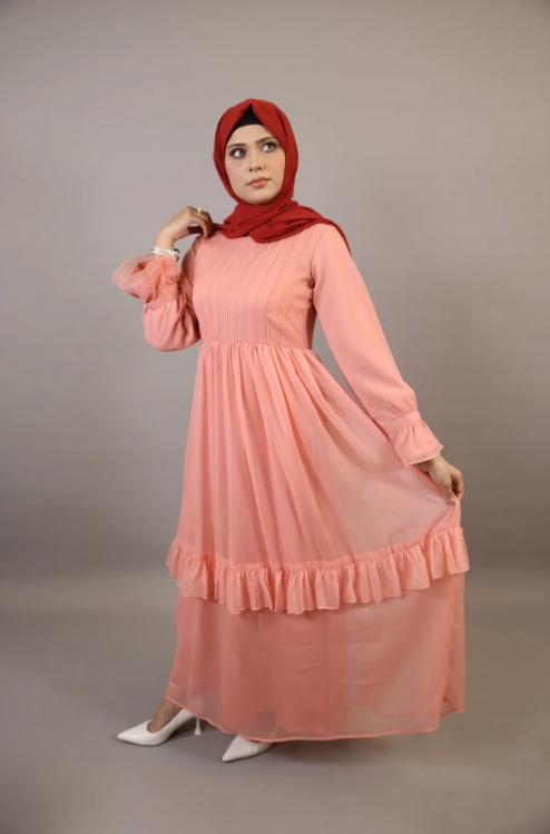 Peonya- Charming Chiffon lined maxi dress with pintucks front and ruffled hem- Blush Pink - view 2