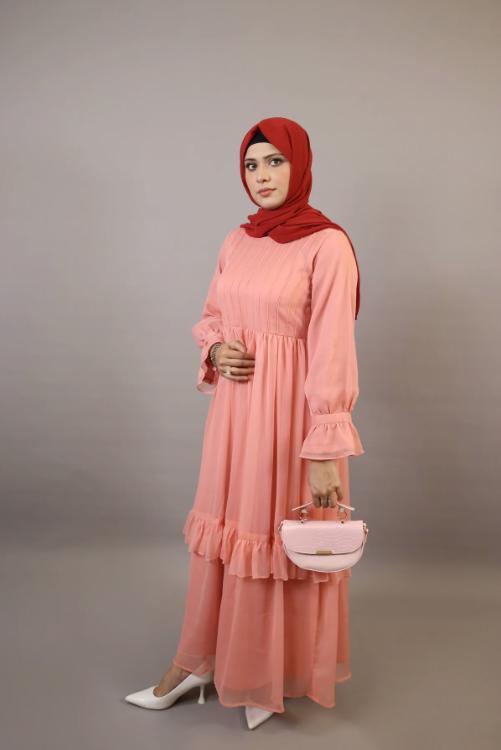 Peonya- Charming Chiffon lined maxi dress with pintucks front and ruffled hem- Blush Pink - view 3